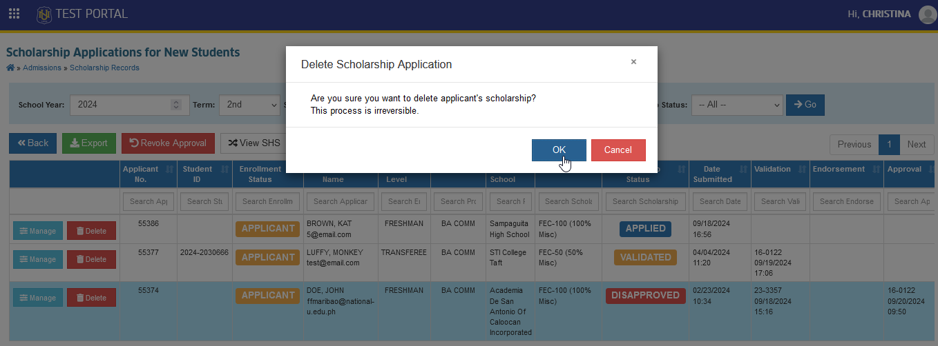 confirm delete application