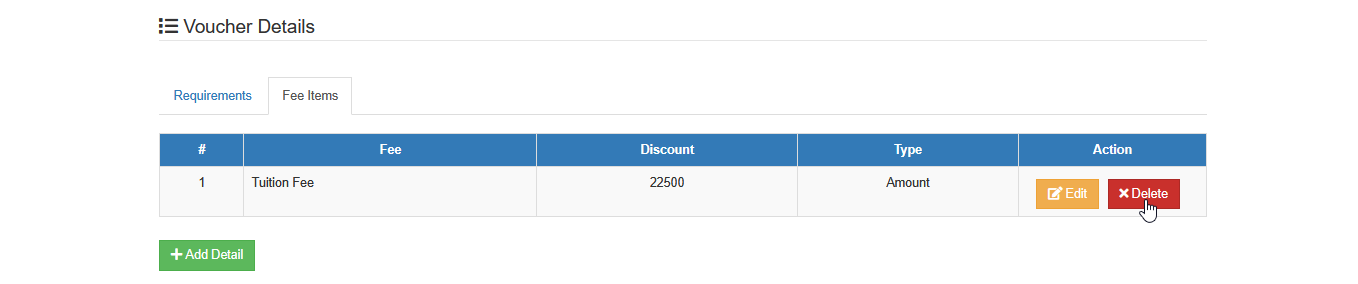 delete fee item button