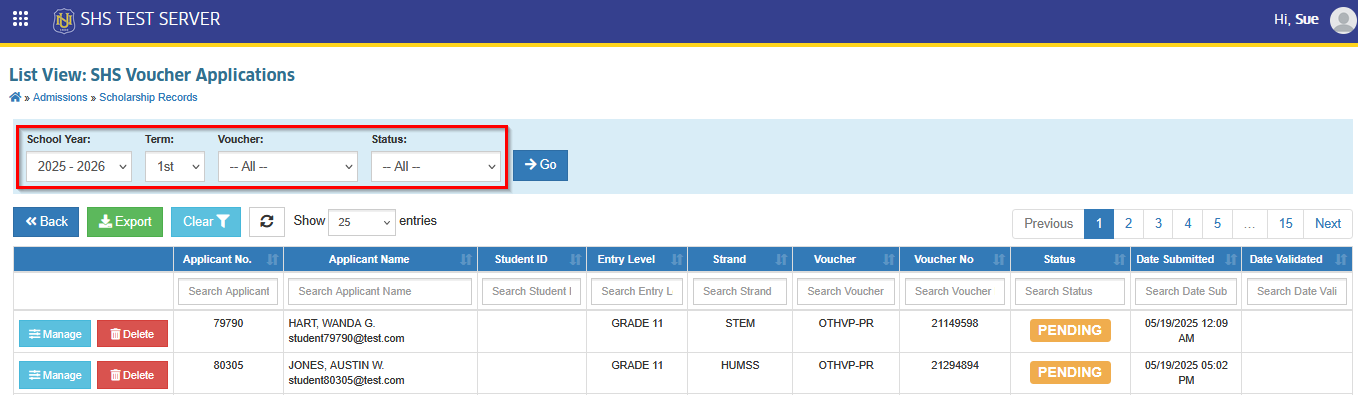 voucher applications filtering feature