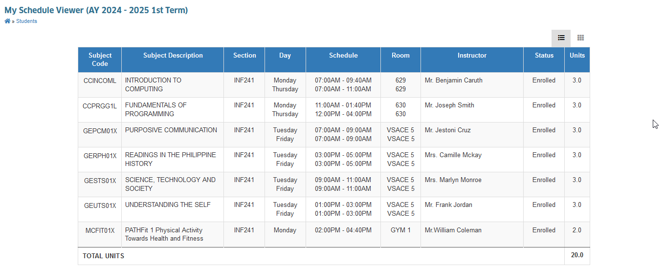 display class schedule