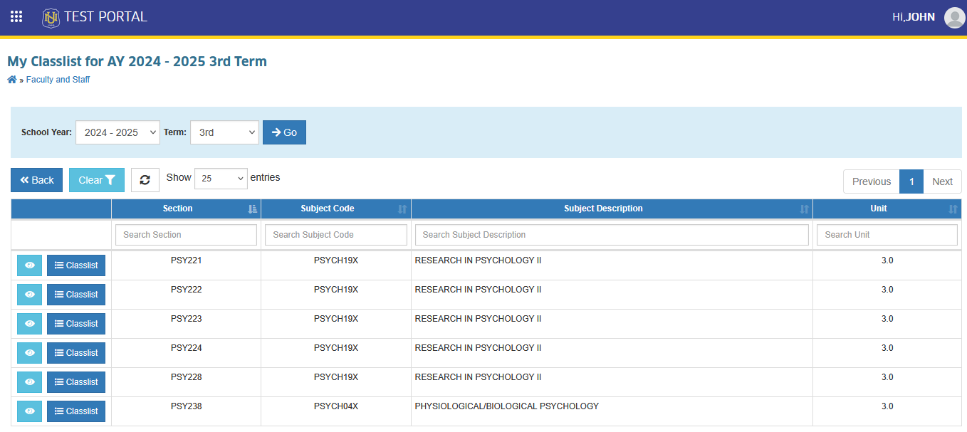 my classlists page