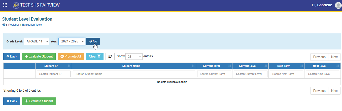 student level evaluation list view