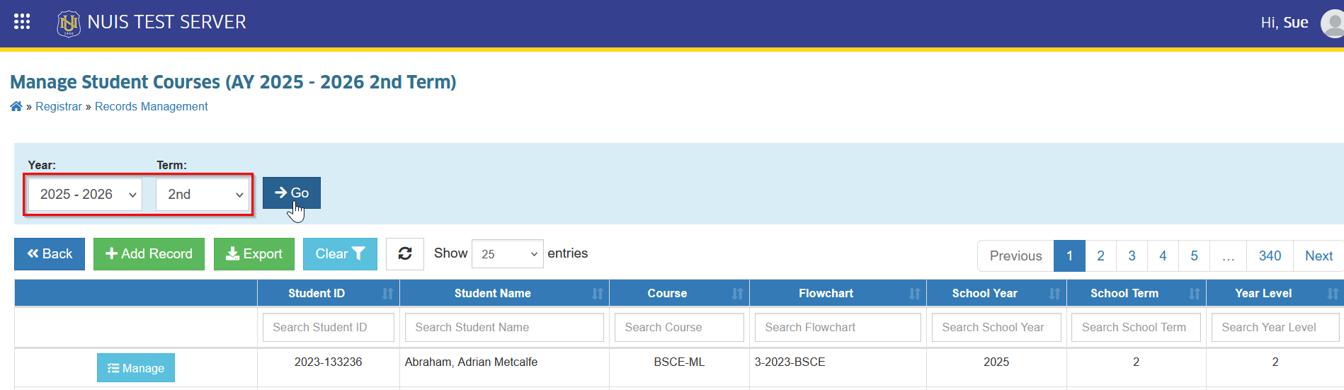 student course year and term filter