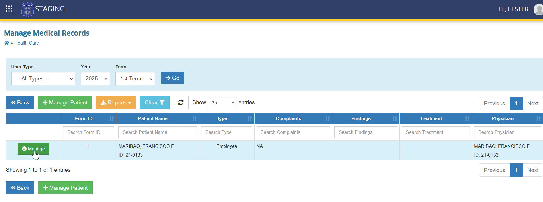 manage patient button