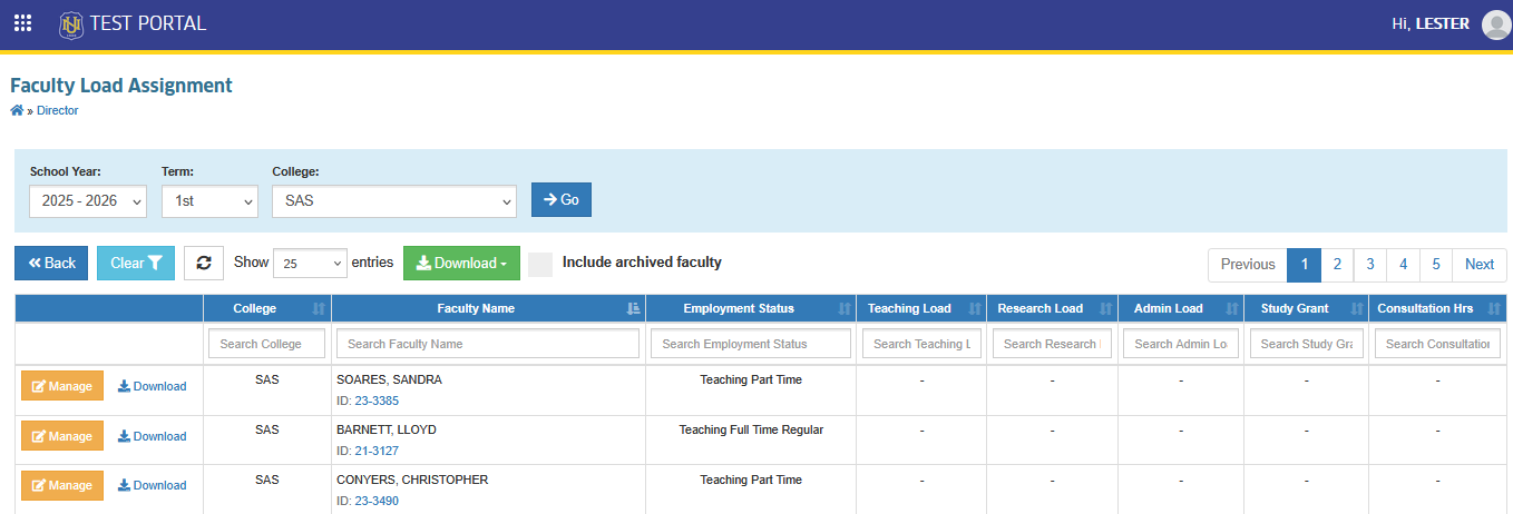 faculty load assigment page