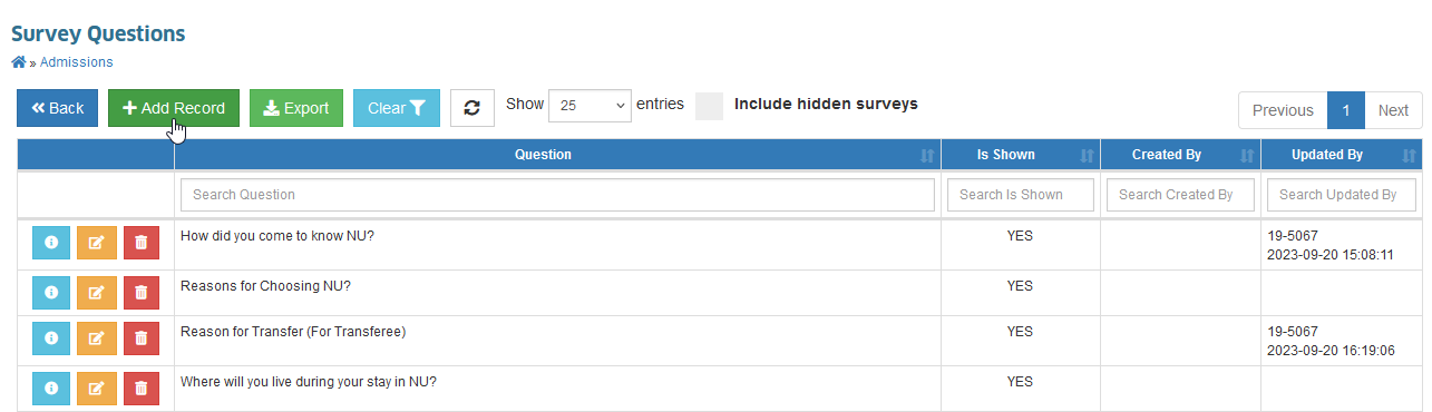 survey question listview page