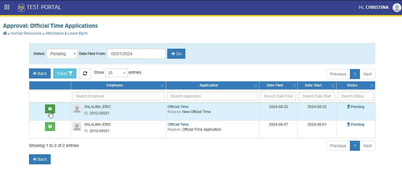approval of official time applications module tab
