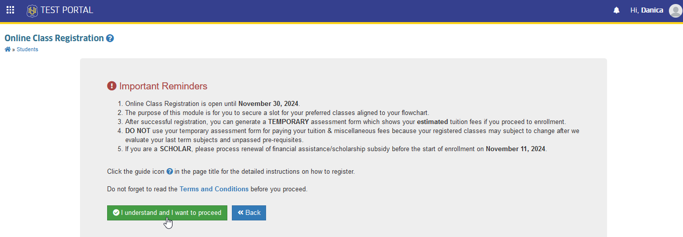 I understand and I want to proceed button