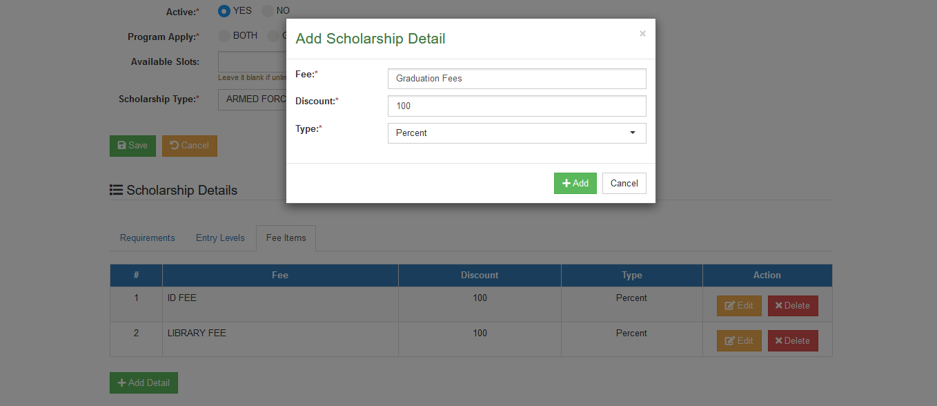 add fee items form