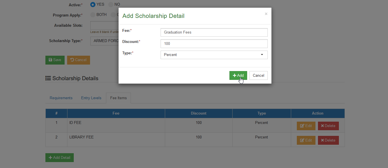 save fee items form