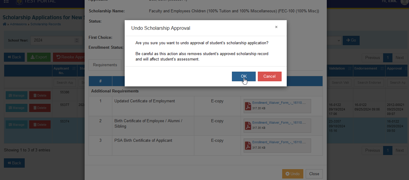 confirm undo button of disapproved appplication
