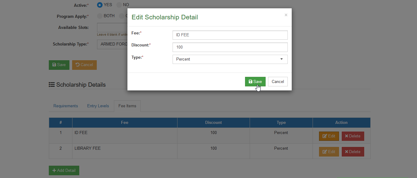 save edited fee items