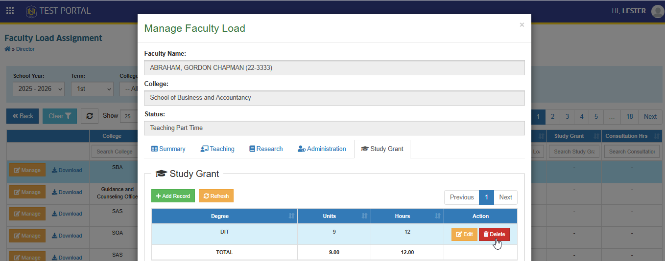 delete study grant entry