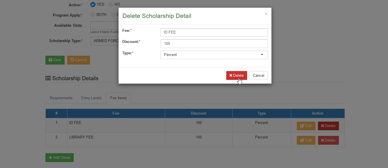 confirm delete fee items