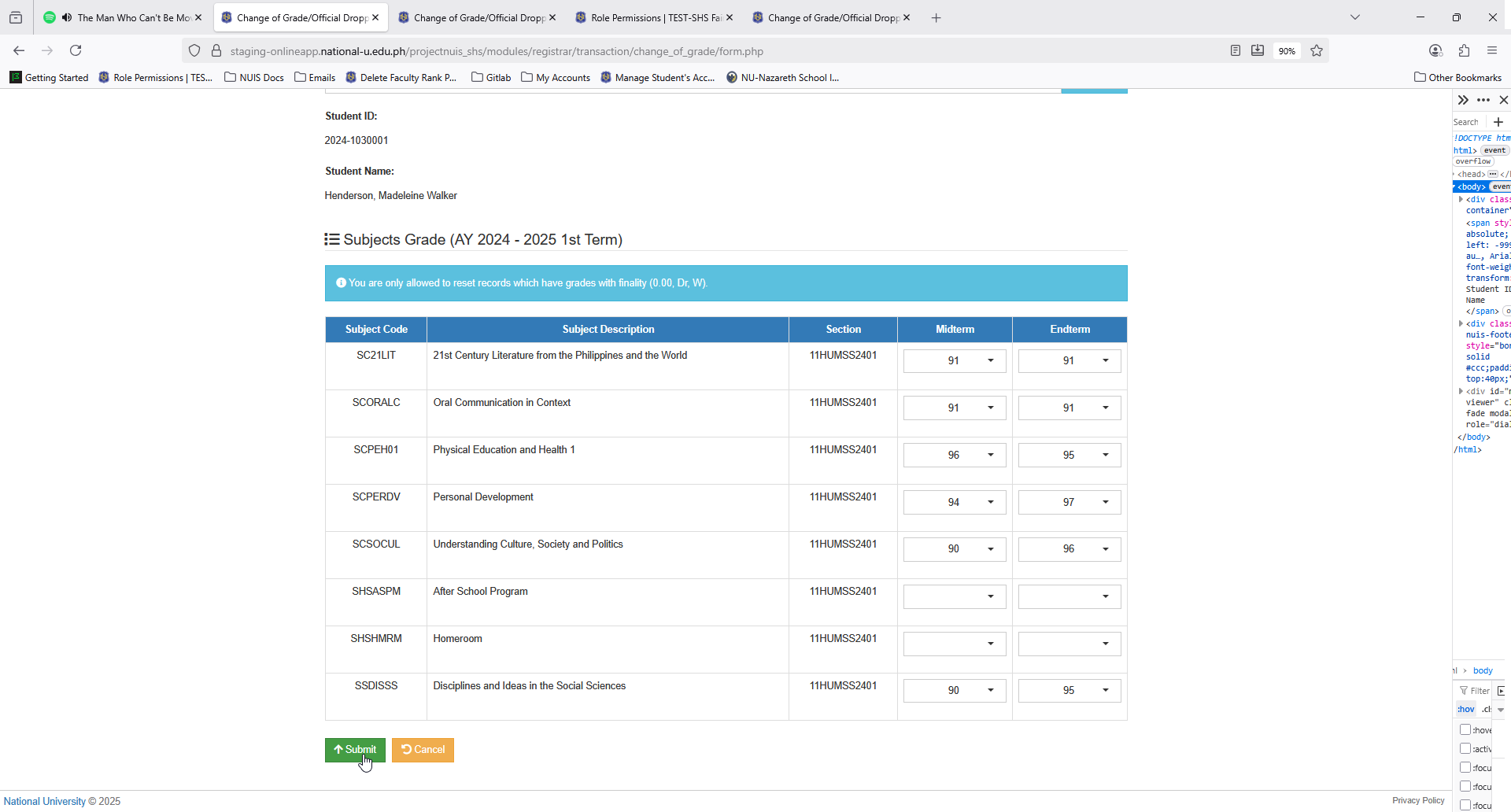 subjects grade section