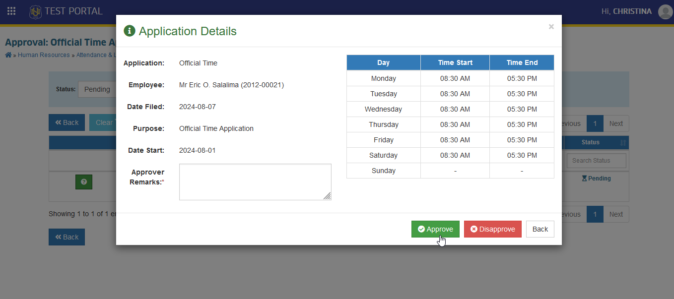 approve of official time applications module tab