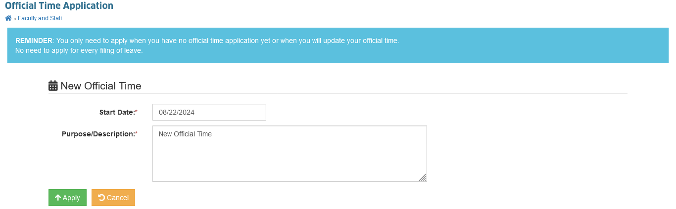 official time application new application entry field