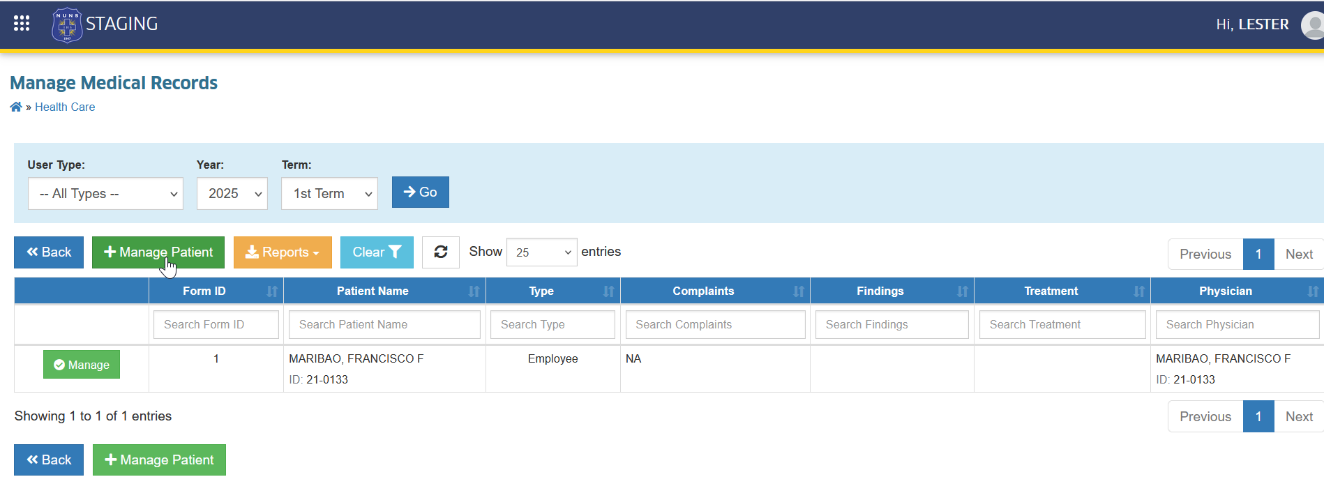 manage patient button