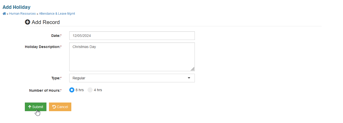submit holidays