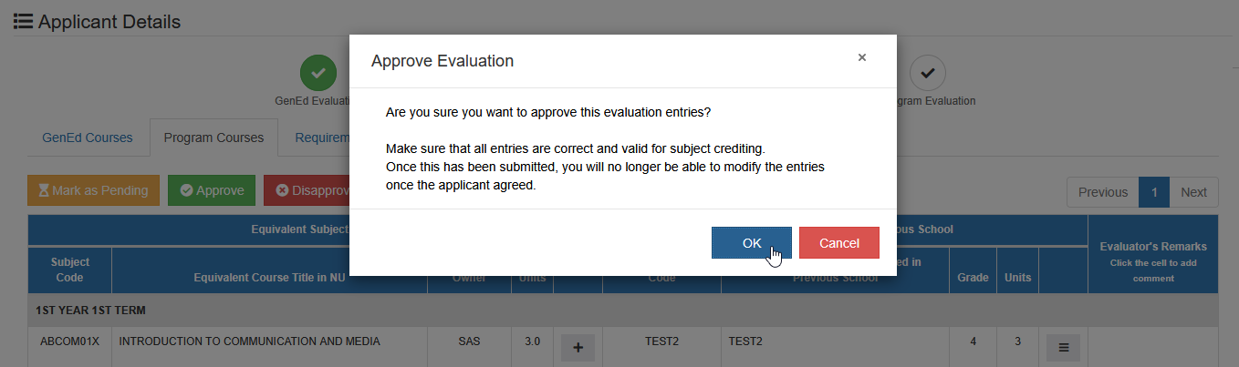 confirm approval of program courses