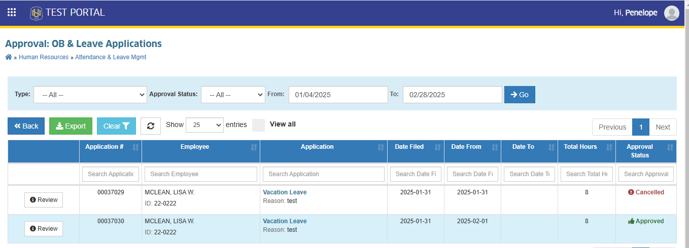 ob & leave application to disapprove