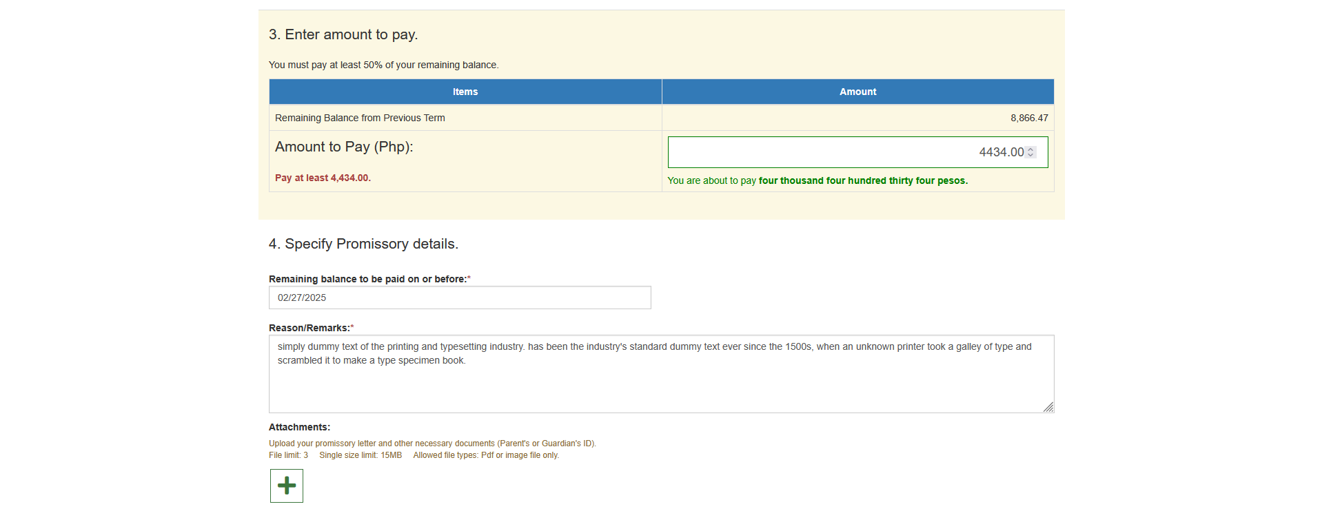 amount to pay & upload docs