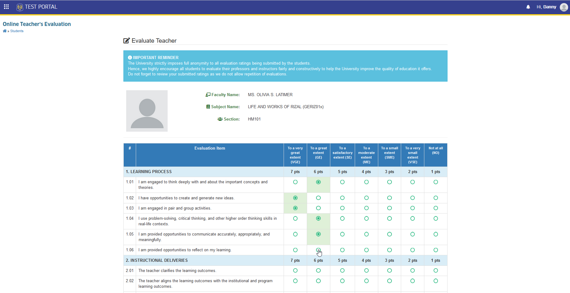 evaluation items