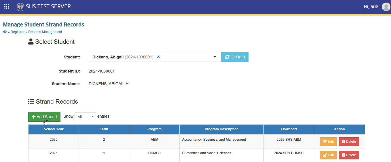add student strand button