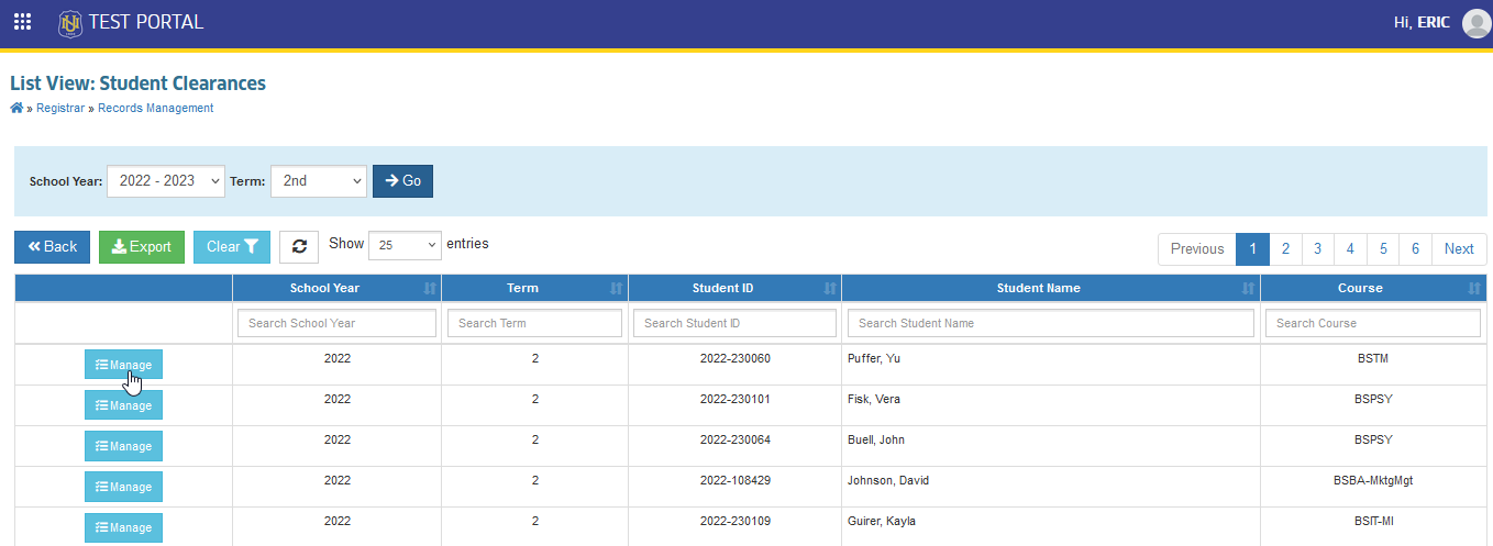view list of students with clearance