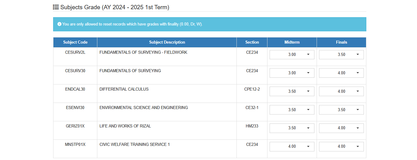 subjects grade section