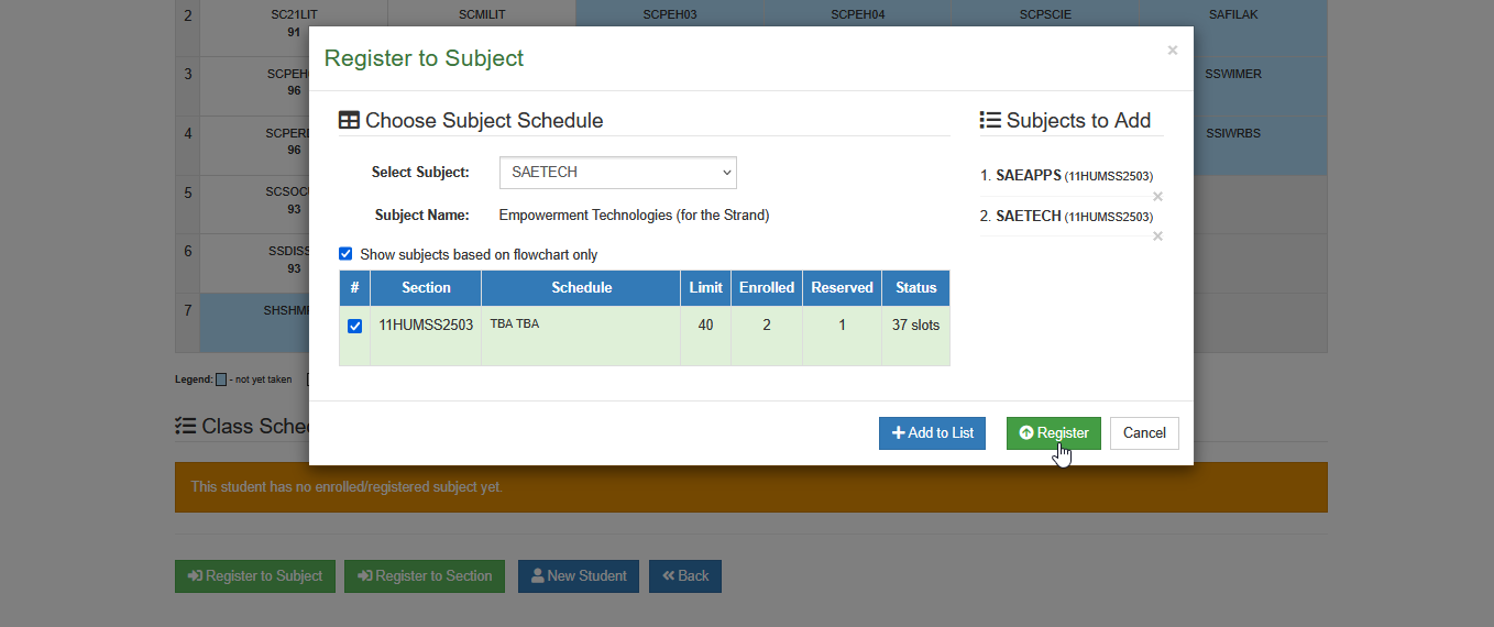 register the subject button