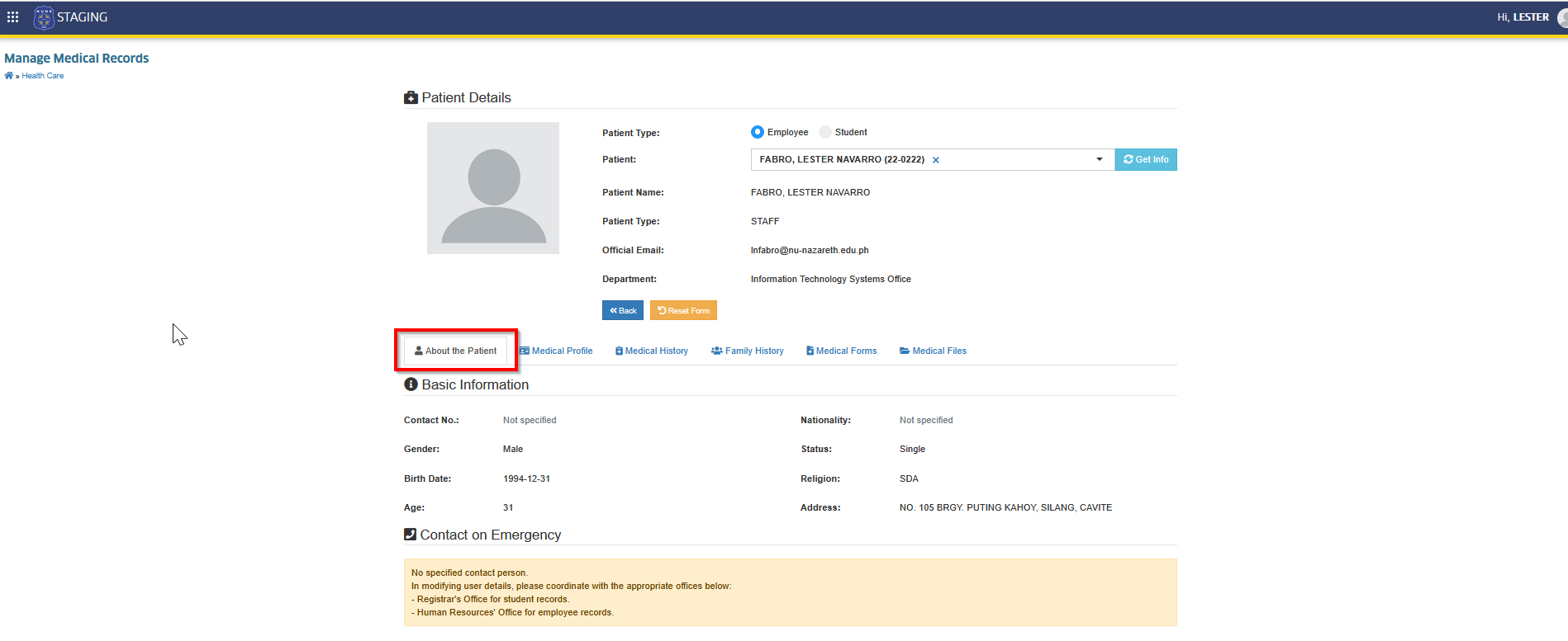 patient's profile