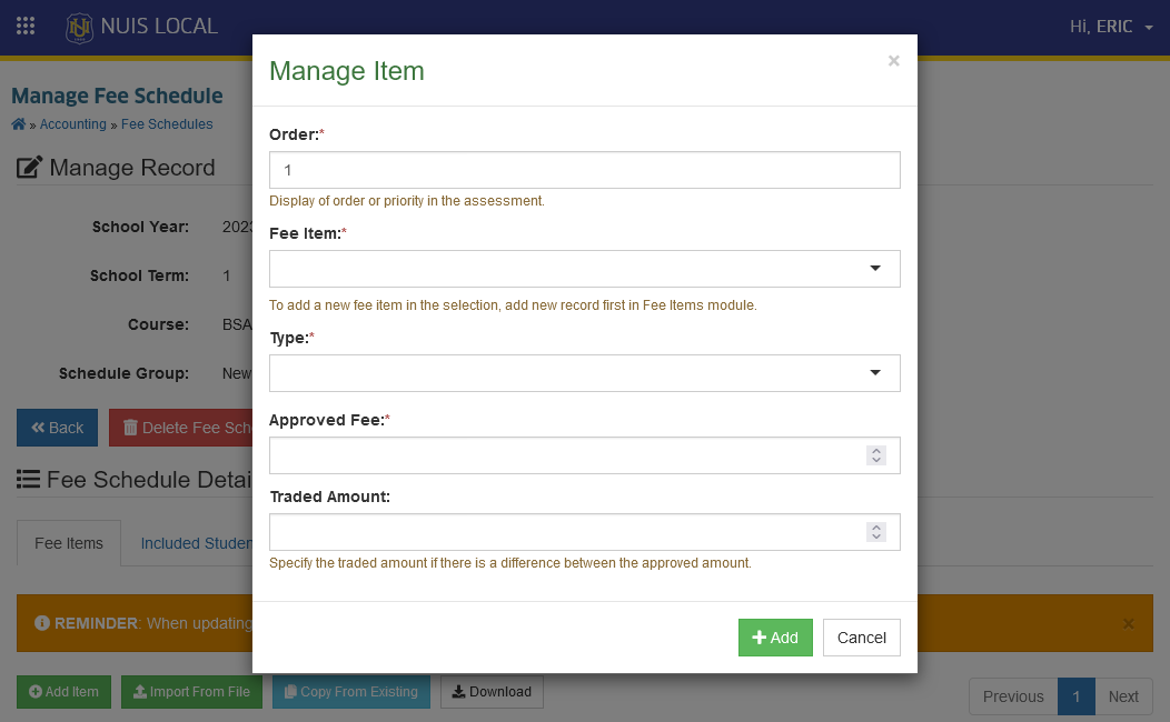 Add Single Fee Items
