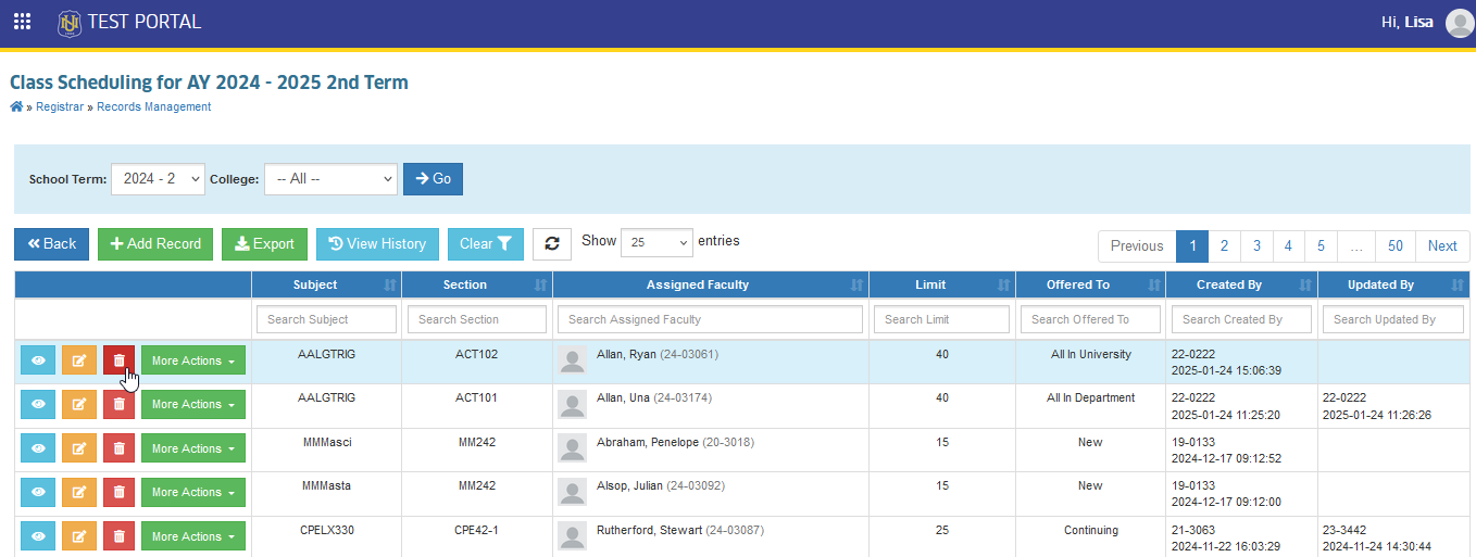 delete button class schedules