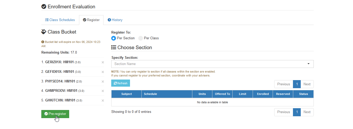 pre-register per section option