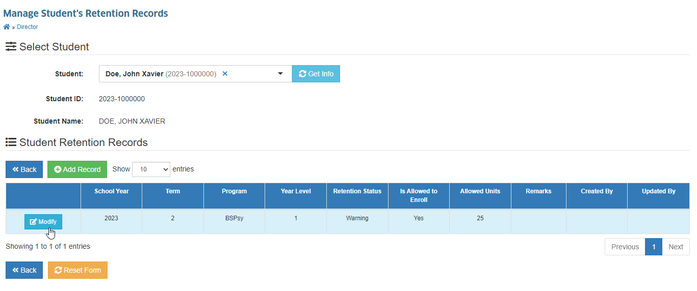 students retention page