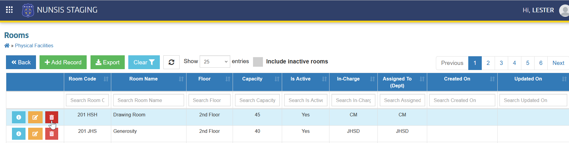 delete room button