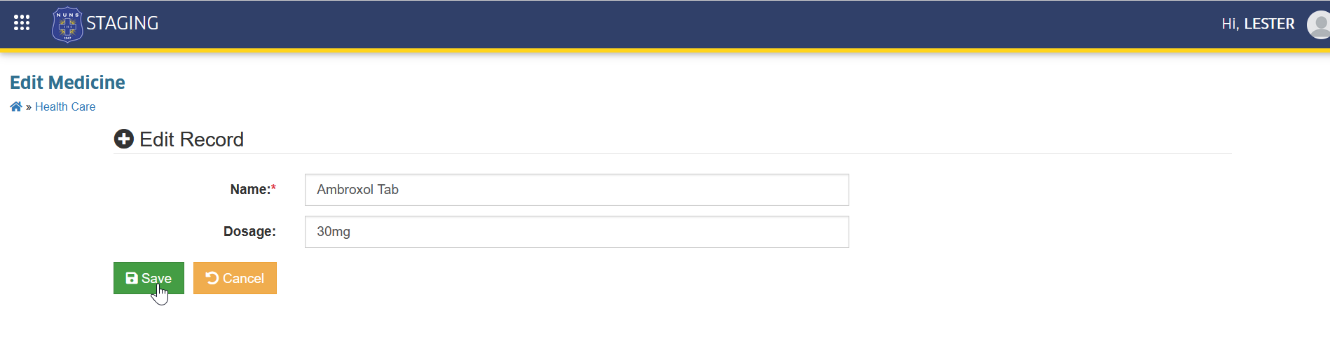 save edited medicine record button