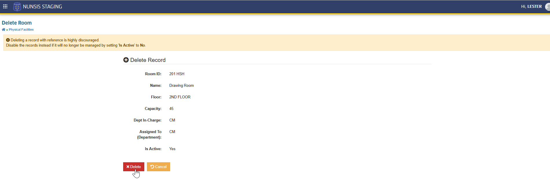 confirm delete room button