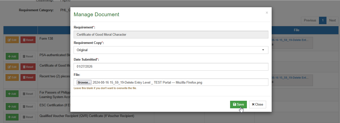 save edited students requirements