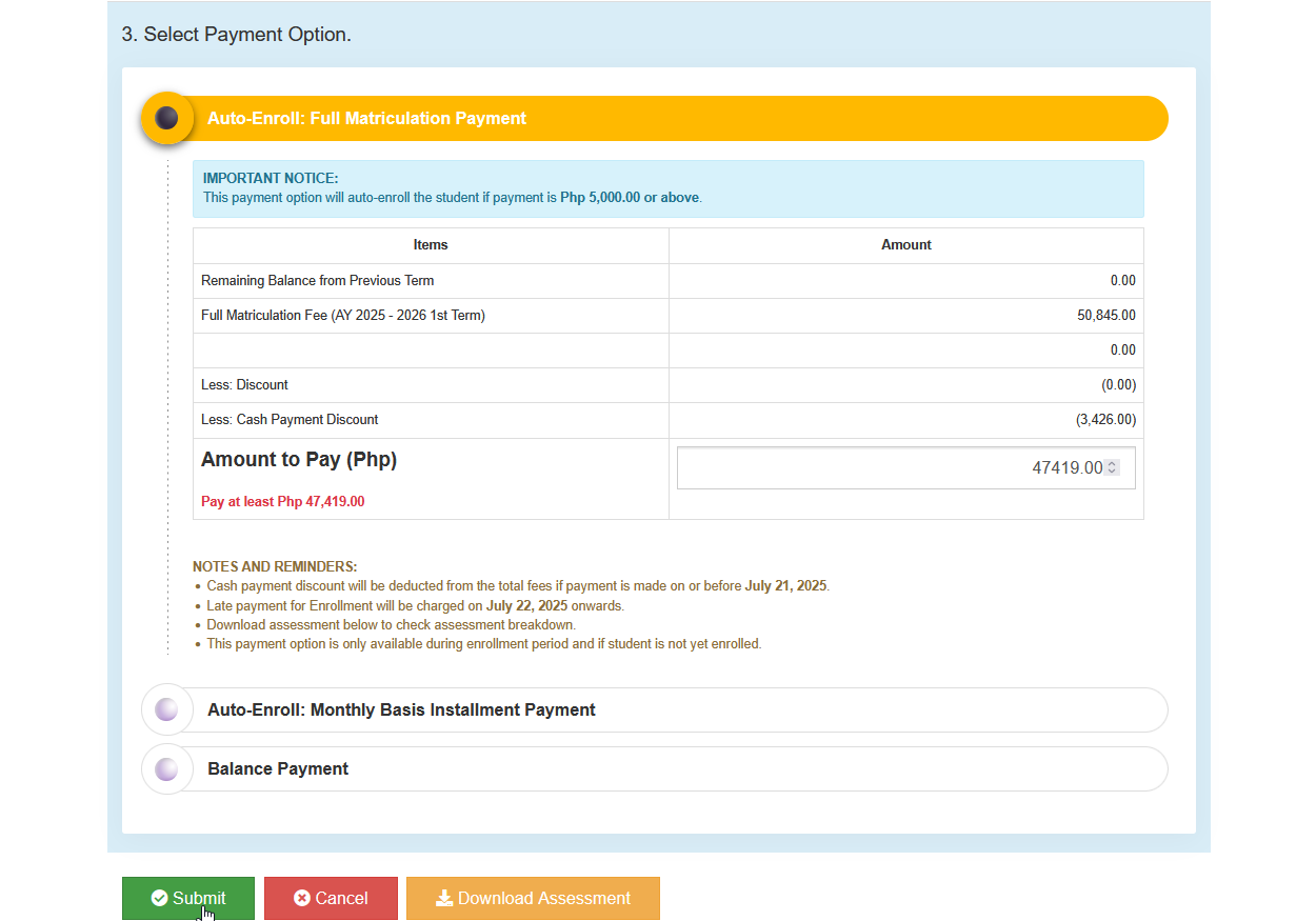 pay enrollment fees module
