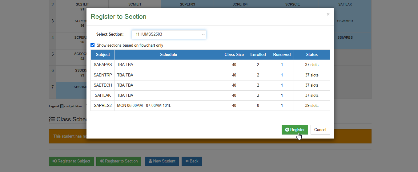 confirm registration to section