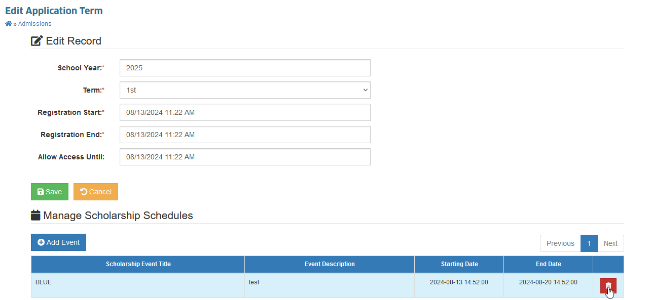 delete scholarship application schedule