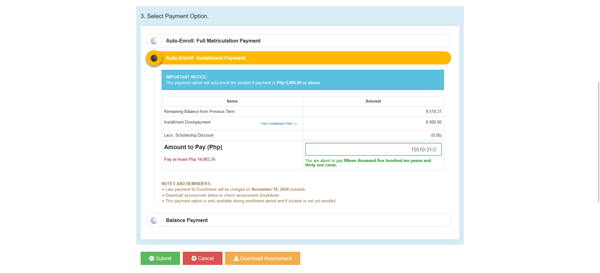 payment option selected
