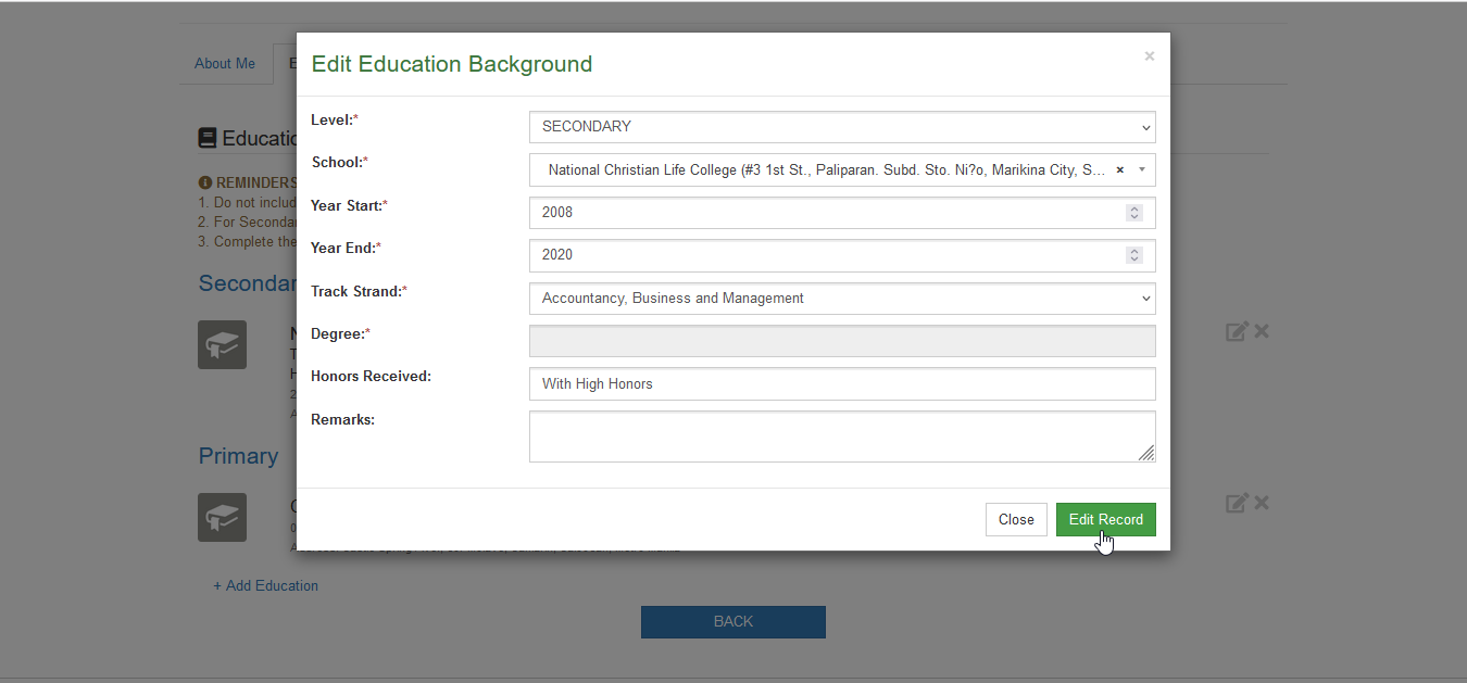 edit record educational background