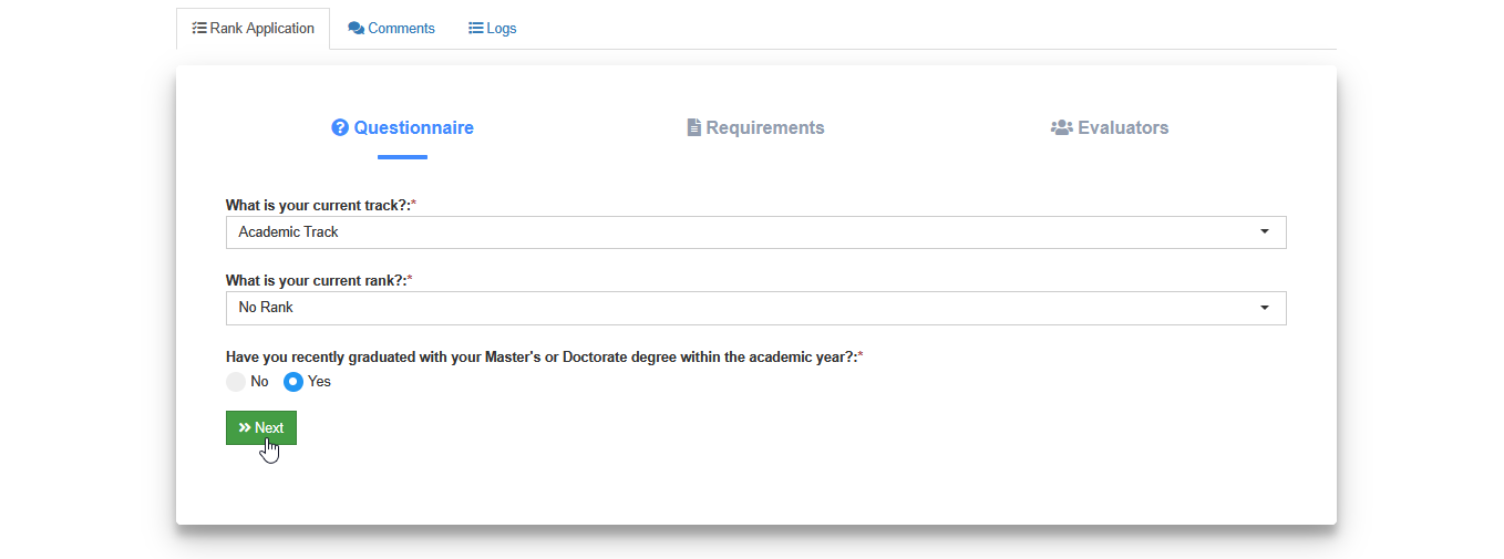 next button in questionaire section