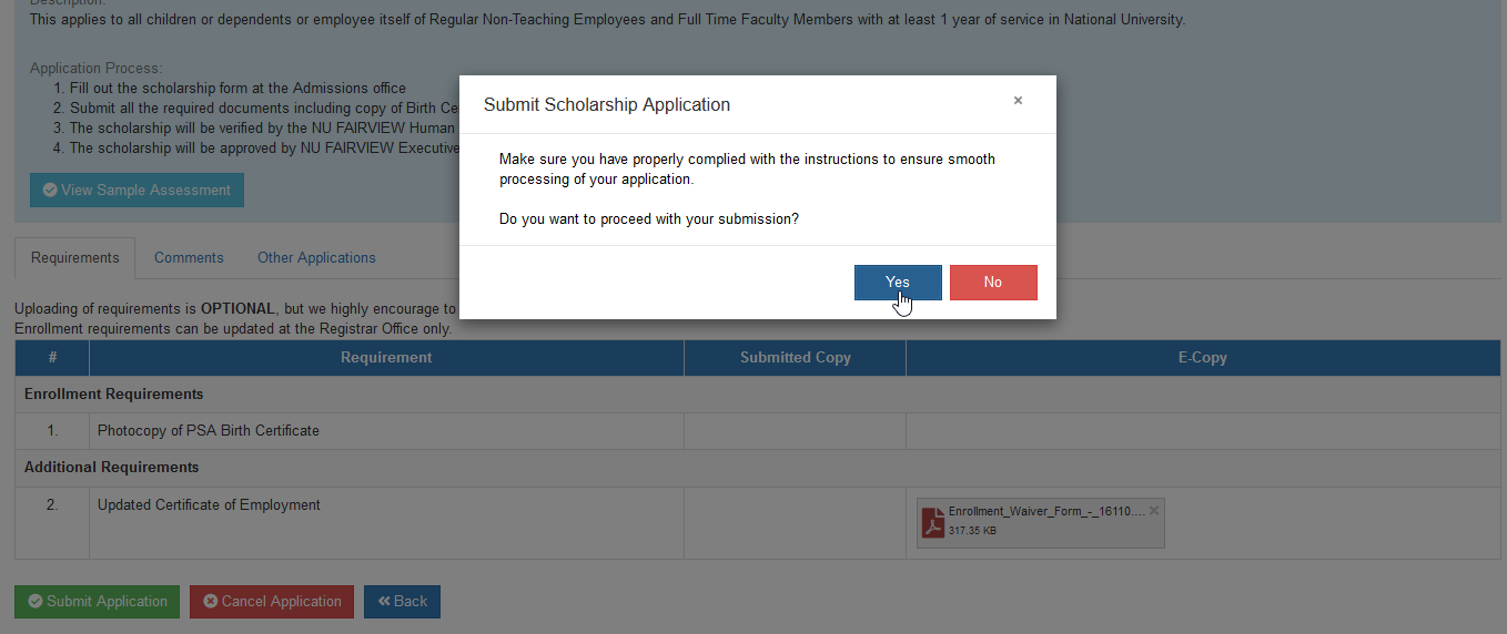 confirm submit scholarship application