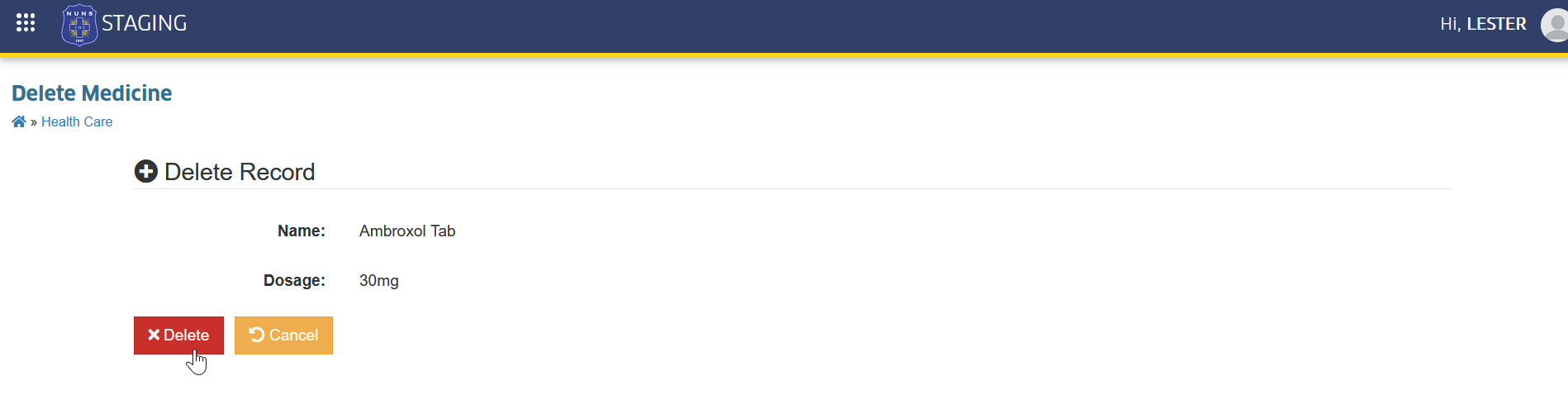 confirm delete medicine record button