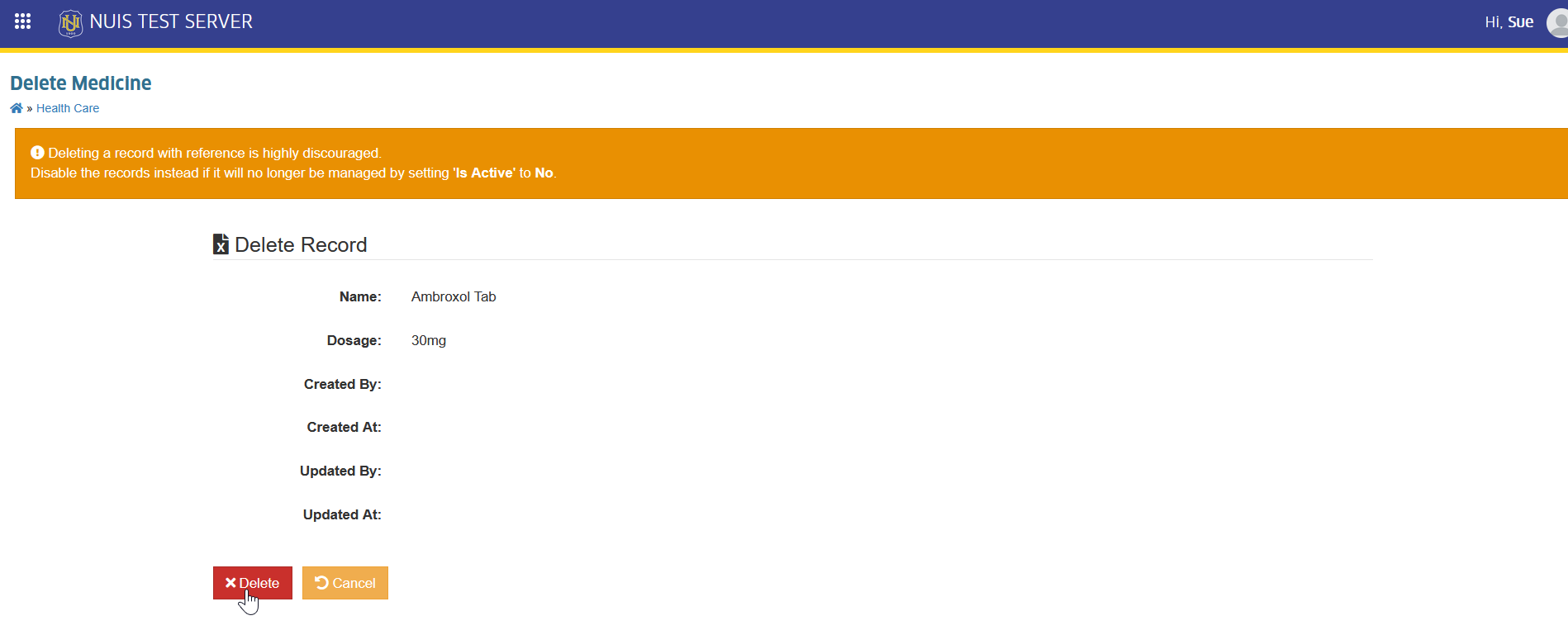 confirm delete medicine record button