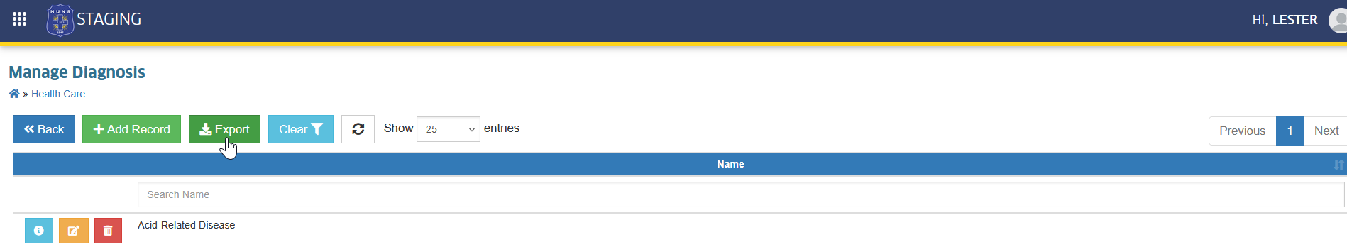 export diagnosis button
